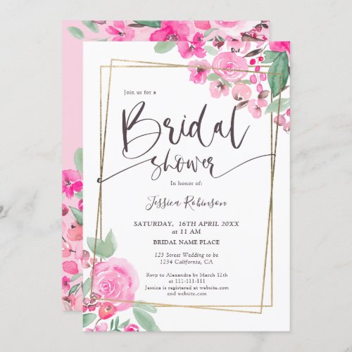 Pink floral greenery gold script bridal shower invitation