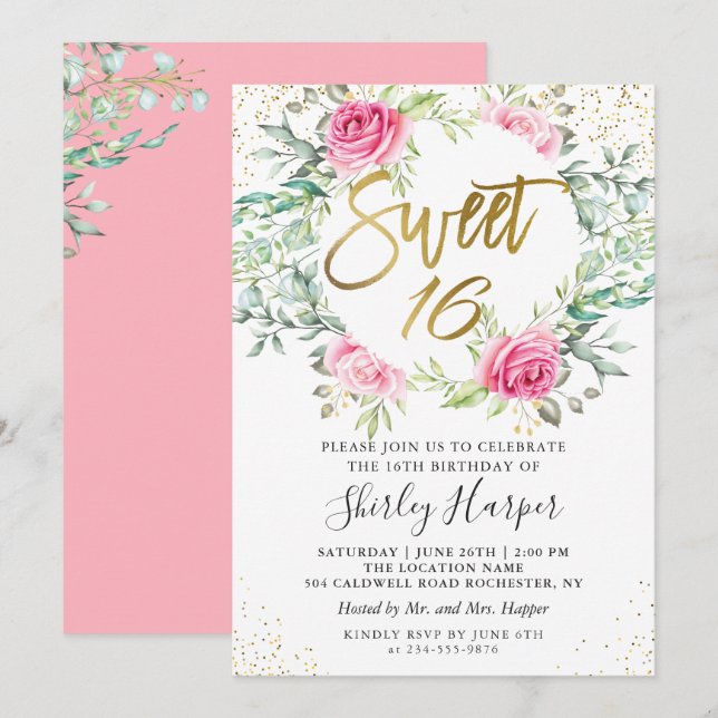 Pink Floral Greenery Gold Script Sweet 16 Birthday Invitation (Front/Back)
