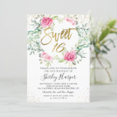 Pink Floral Greenery Gold Script Sweet 16 Birthday Invitation (Standing Front)
