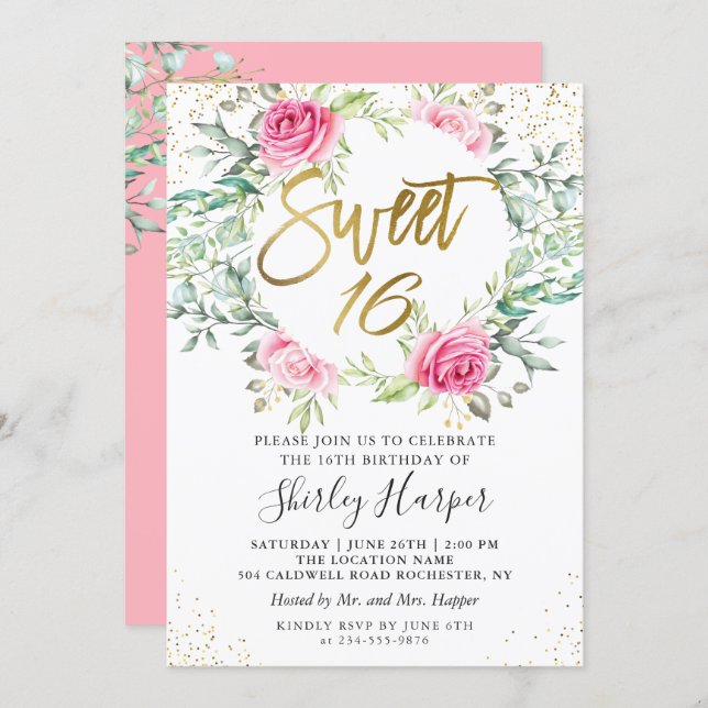 Pink Floral Greenery Gold Script Sweet 16 Birthday Invitation (Front/Back)