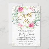 Pink Floral Greenery Gold Script Sweet 16 Birthday Invitation (Front)