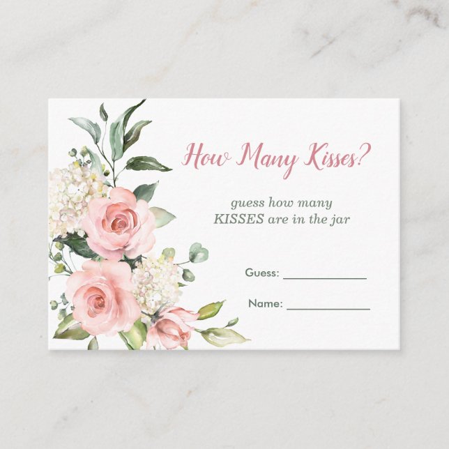 Pink floral, greenery Guess How Many Kisses Game Enclosure Card (Front)