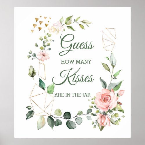 Pink floral greenery Guess How Many Kisses Game Poster