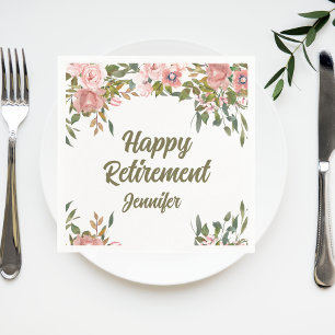 Pink Floral Greenery Happy Retirement Party Napkins