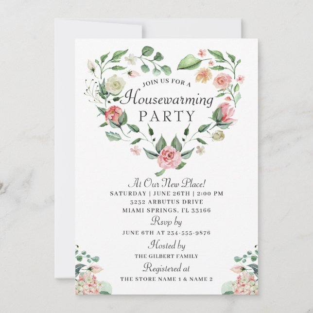 Pink Floral Greenery Housewarming Party Photo Invitation (Back)