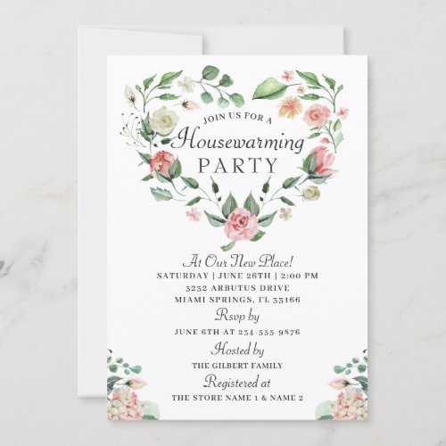 Pink Floral Greenery Housewarming Party Photo Invitation