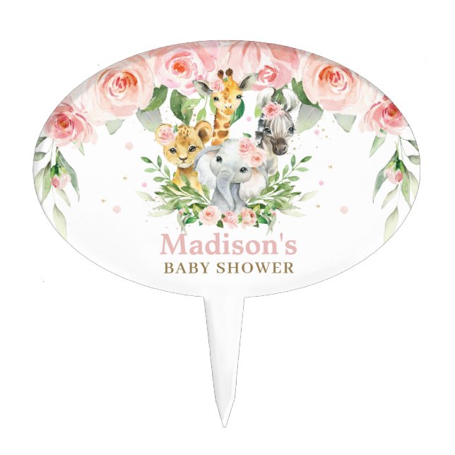 Pink Floral Greenery Jungle Animals Baby Shower  Cake Topper (Front)