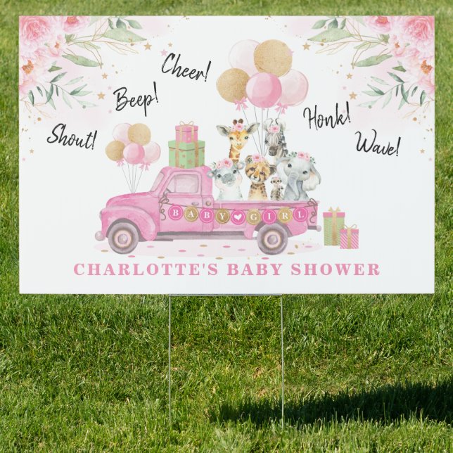 Pink Floral Greenery Jungle Animals Baby Shower Sign (Insitu)
