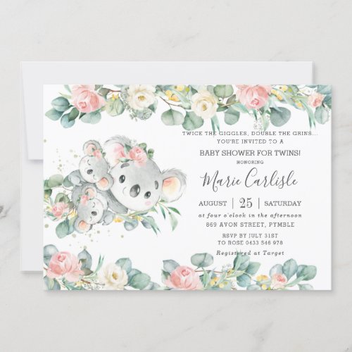 Pink Floral Greenery Koala Baby Shower Twin Girls Invitation