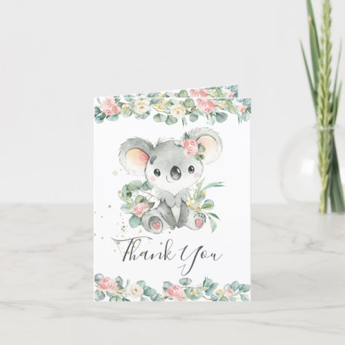 Pink Floral Greenery Koala Birthday Baby Shower  Thank You Card
