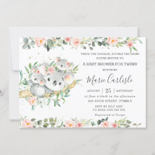 Pink Floral Greenery Koala Twin Girls Baby Shower Invitation