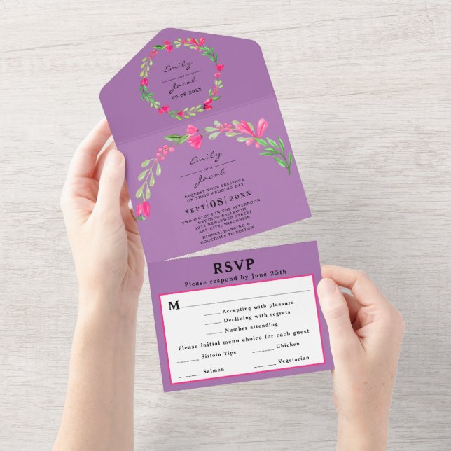 Pink Floral Greenery Lavender Purple Chic Wed RSVP All In One Invitation (Tearaway)