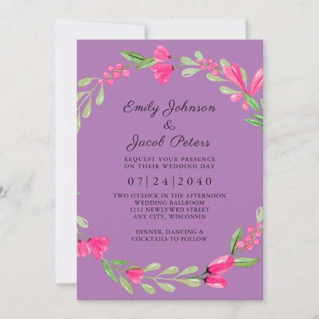 Pink Floral Greenery Lavender Purple Elegant Wed Announcement (Front)