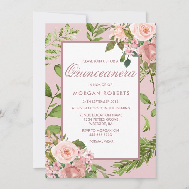 Pink Floral Greenery Leaf Quinceanera Invitation (Front)