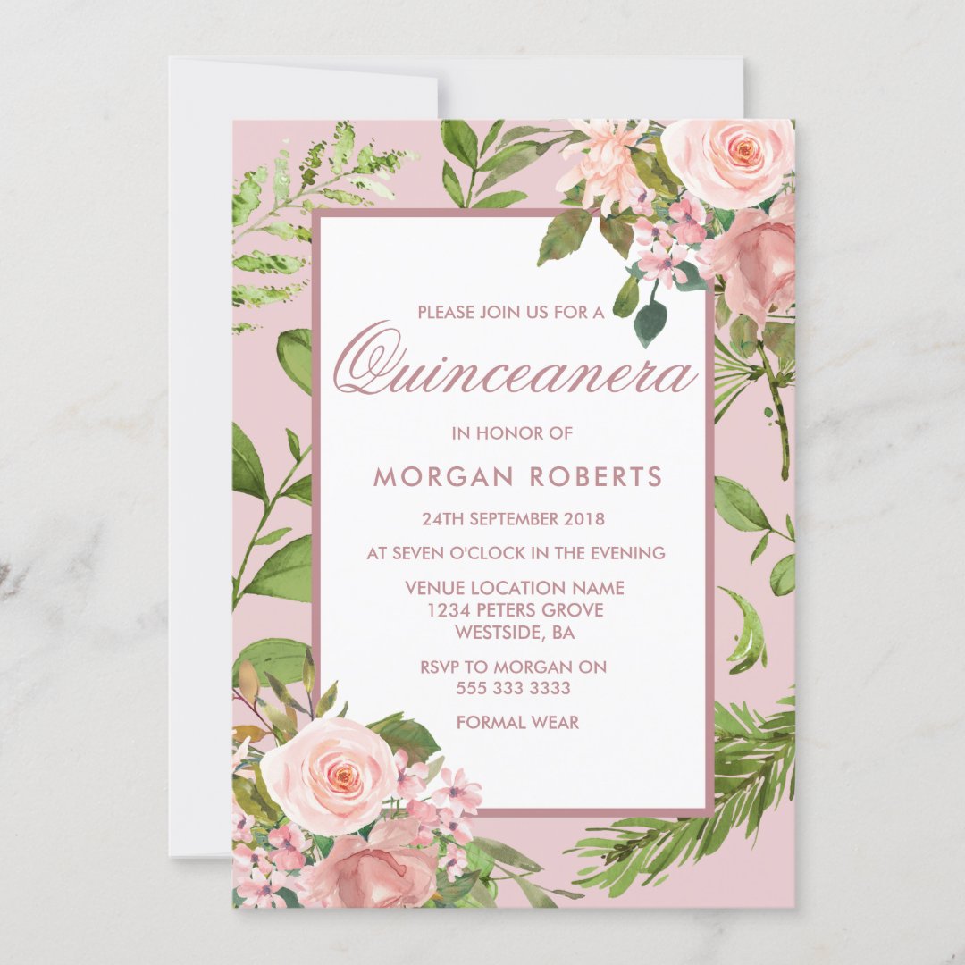 Pink Floral Greenery Leaf Quinceanera Invitation | Zazzle