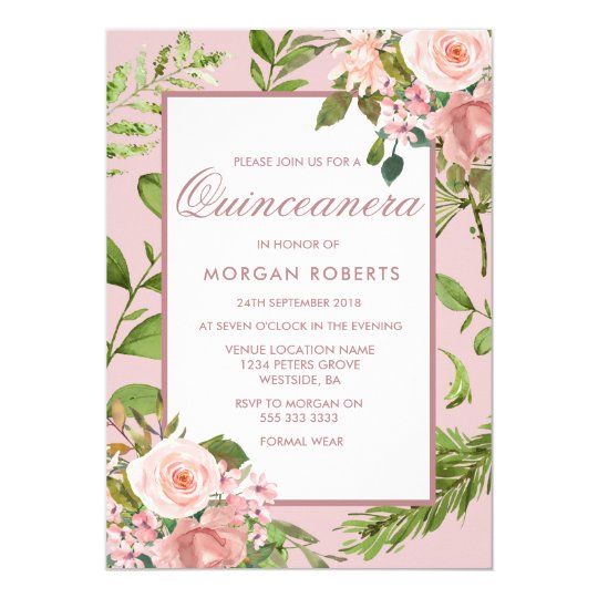 Pink Floral Greenery Leaf Quinceanera Invitation | Zazzle.com