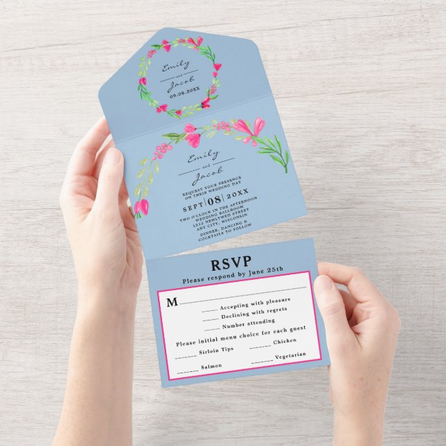 Pink Floral Greenery Light Blue Elegant Wed RSVP All In One Invitation (Tearaway)