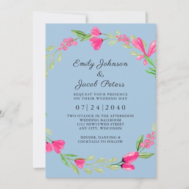Pink Floral Greenery Light Blue Elegant Wedding Announcement (Front)