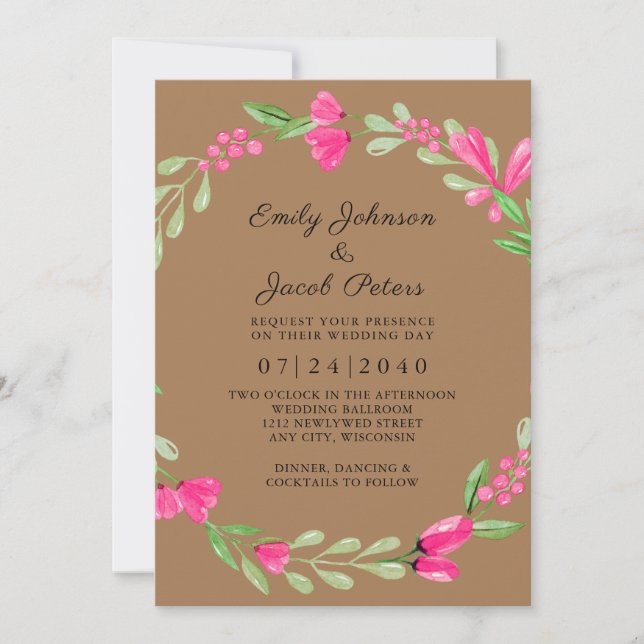 Pink Floral Greenery Light Brown Elegant Wedding Announcement (Front)