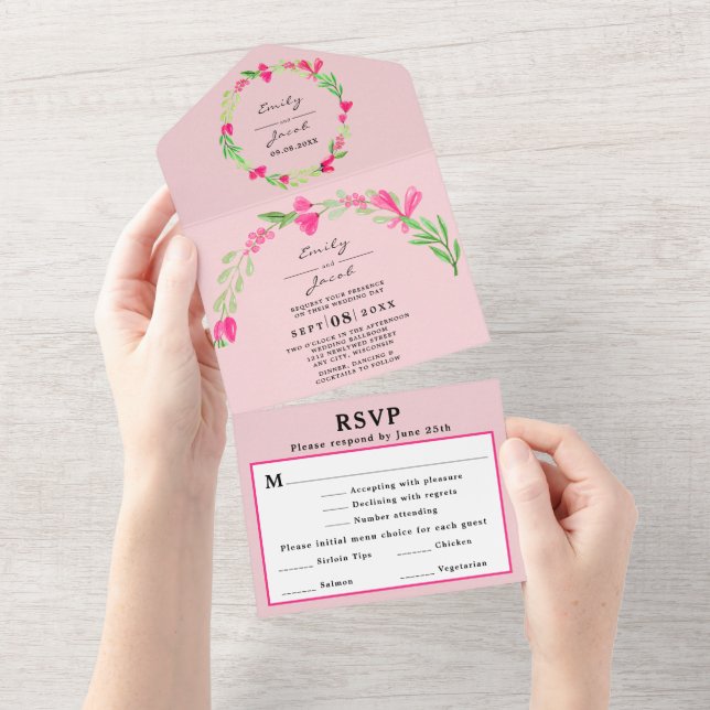 Pink Floral Greenery Light Pink Chic Wedding RSVP All In One Invitation (Tearaway)
