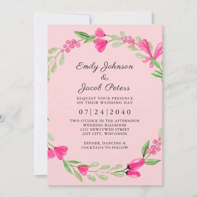 Pink Floral Greenery Light Pink Elegant Wedding Announcement (Front)