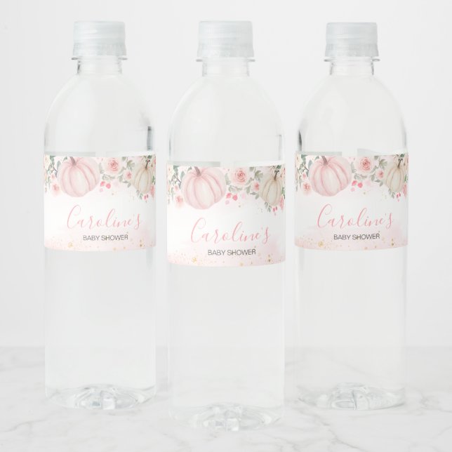 Pink Floral Greenery Little Pumpkin Water Bottle Label (Bottles)