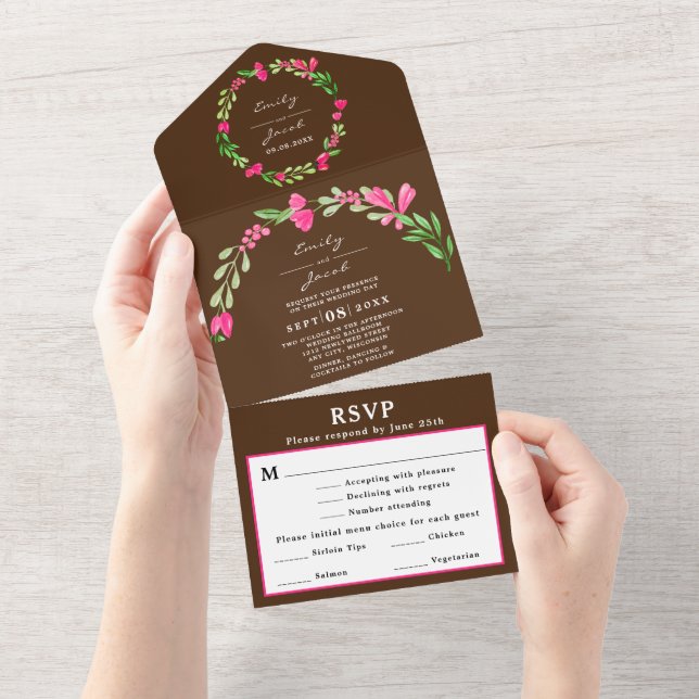 Pink Floral Greenery Modern Brown Elegant Wed RSVP All In One Invitation (Tearaway)