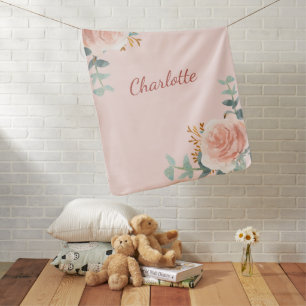 Pink floral greenery name baby blanket