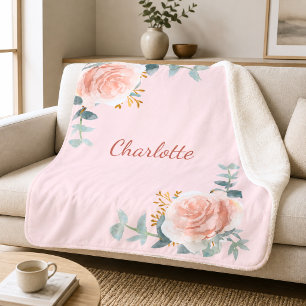 Pink floral greenery name baby blanket
