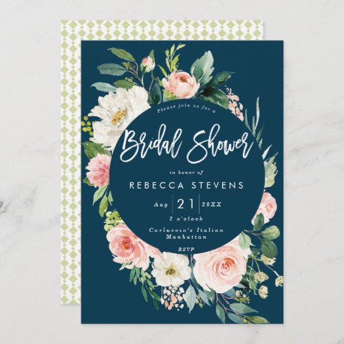 pink floral greenery navy bridal shower invitation