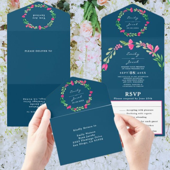 Pink Floral Greenery Ocean Blue Chic Wedding RSVP All In One Invitation (Creator Uploaded)