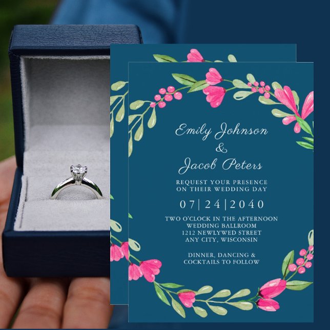 Pink Floral Greenery Ocean Blue Elegance Wedding Announcement (Creator Uploaded)