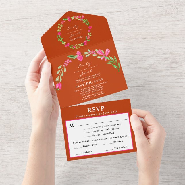 Pink Floral Greenery Orange Red Elegant Wed RSVP All In One Invitation (Tearaway)