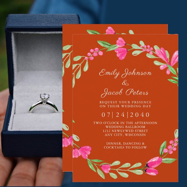 Pink Floral Greenery Orange Red Elegant Wedding Announcement (Creator Uploaded)