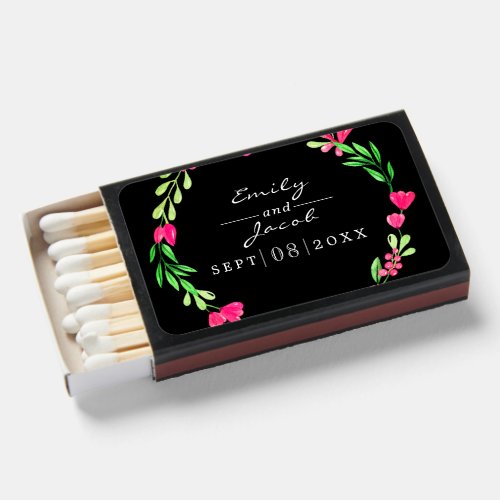 Pink Floral Greenery Over Black Elegance Wedding Matchboxes