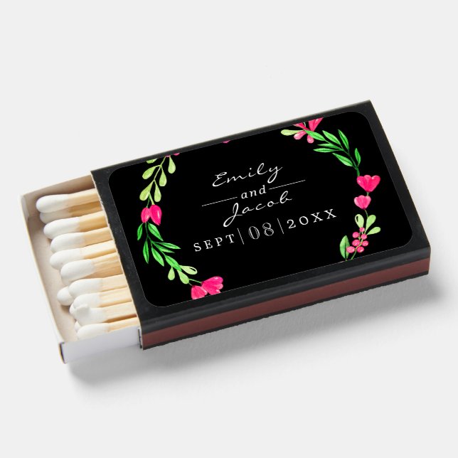 Pink Floral Greenery Over Black Elegance Wedding Matchboxes (Front Open)