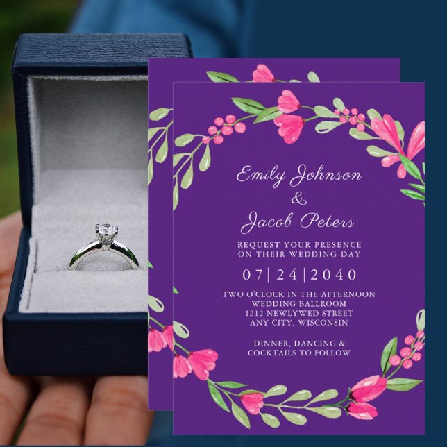 Pink Floral Greenery Over Purple Elegance Wedding Announcement (Creator Uploaded)