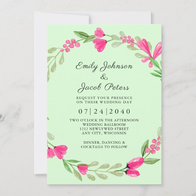 Pink Floral Greenery Pale Green Elegant Wedding Announcement (Front)