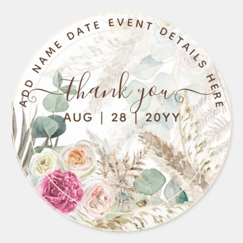  Pink Floral Greenery Pampas Grass Thank You Favor Classic Round Sticker