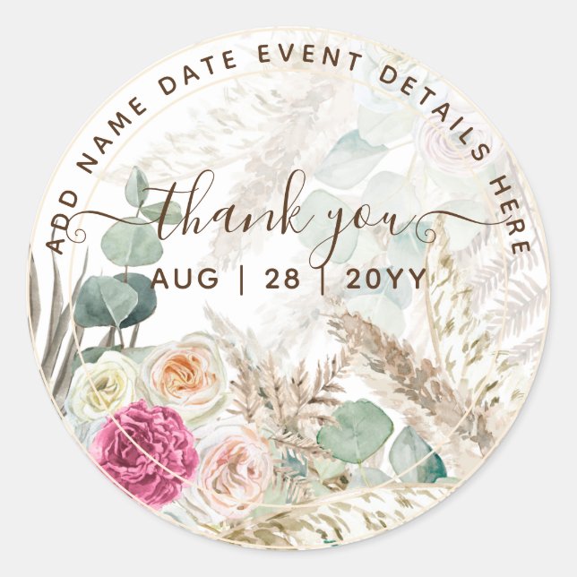  Pink Floral Greenery Pampas Grass Thank You Favor Classic Round Sticker (Front)