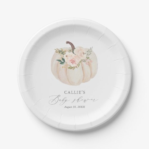 Pink Floral Greenery Pumpkin Baby Shower Paper Plates