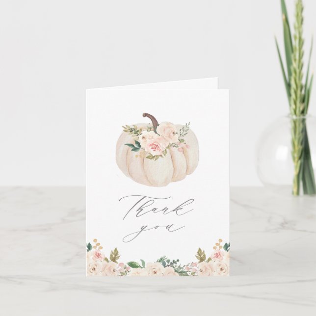 Pink Floral Greenery Pumpkin Baby Shower Thank You Card (Front)