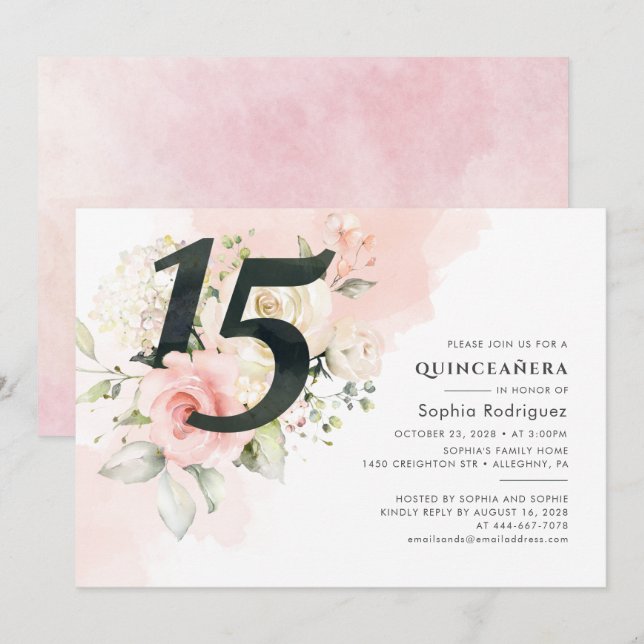 Pink Floral Greenery Quinceanera 15th Birthday Invitation (Front/Back)