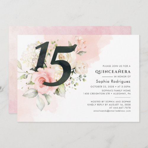 Pink Floral Greenery Quinceanera 15th Birthday Invitation