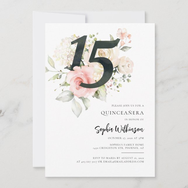 Pink Floral Greenery Quinceanera Celebration Invitation (Front)
