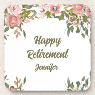 Pink Floral Greenery Rustic Boho Happy Retirement  Beverage Coaster
