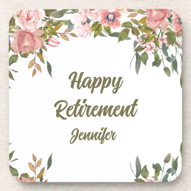 Pink Floral Greenery Rustic Boho Happy Retirement  Beverage Coaster (Front)