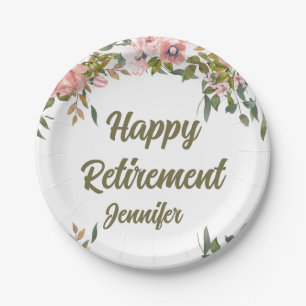 Pink Floral Greenery Rustic Boho Happy Retirement  Paper Plates