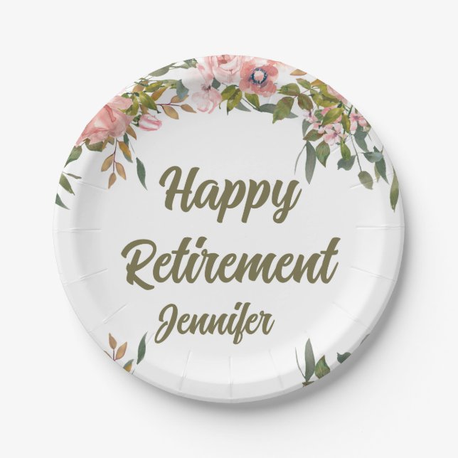 Pink Floral Greenery Rustic Boho Happy Retirement  Paper Plates (Front)