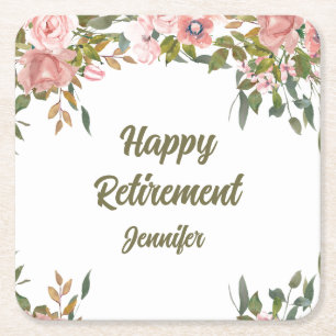Pink Floral Greenery Rustic Boho Happy Retirement  Square Paper Coaster